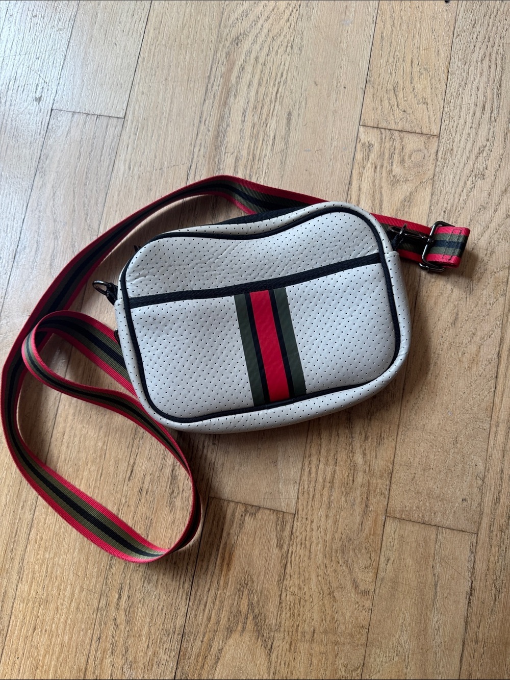 White Crossbody neoprene Bag with Red & Green Striped strap